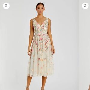 V-Neck Sleeveless Midi Floral Beaded A-line Dress